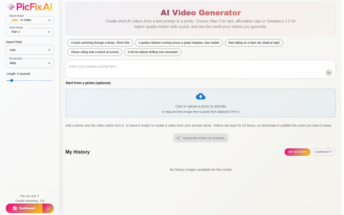 AI Video Generator inside the PicFix.AI editor