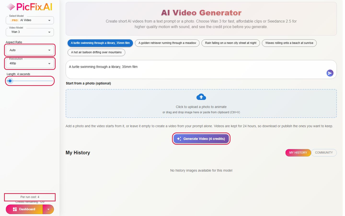 Choosing resolution, length and seeing the credit price for an AI video