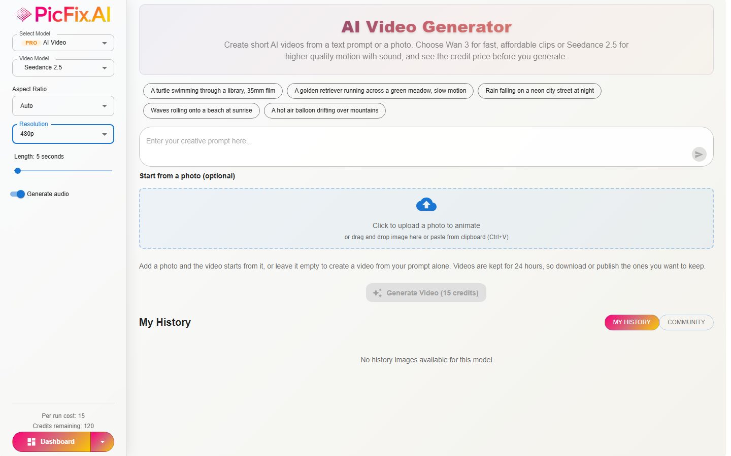 Seedance 2.5 options with the audio switch in PicFix.AI